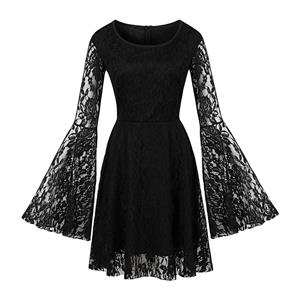 Sexy Gothic Style Solid Black Floral Lace Flared Sleeve High Waist Knee-length Dress N19404