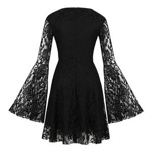 Sexy Gothic Style Solid Black Floral Lace Flared Sleeve High Waist Knee-length Dress N19404