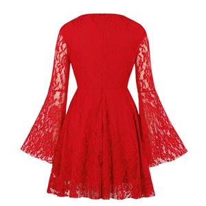Sexy Gothic Style Solid Red Floral Lace Flared Sleeve High Waist Knee-length Dress N20827
