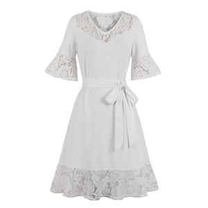 Vintage White Sweetheart-Neckline Floral Lace Belt Swing Midi Dress N19244