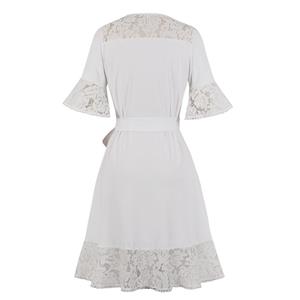 Vintage White Sweetheart-Neckline Floral Lace Belt Swing Midi Dress N19244