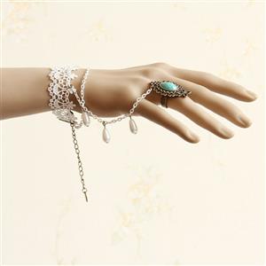 Vintage Floral Lace Wristband Beads Embellishment Bracelet with Ring J17828