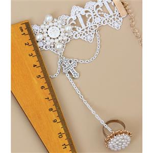 Vintage Floral Lace Wristband Pearls Embellishment Bracelet with Ring J17830