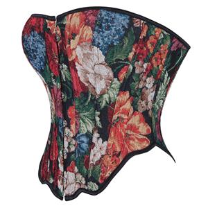 Vintage Floral Print Bustier with Front Snaps and Back Lace-Up, Adjustable Corset Top N23860