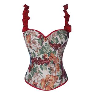 corset, floral print, red ruffle straps, back lace-up, vintage style, sweetheart neckline, cropped top, tapestry pattern, romantic, edgy, party wear, date night, boned bustier, feminine, statement piece #N23930