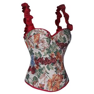Vintage Floral Print Corset Top with Red Ruffle Straps & Back Lace-up N23930