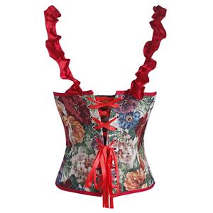 Vintage Floral Print Corset Top with Red Ruffle Straps & Back Lace-up N23930