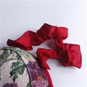 Vintage Floral Print Corset Top with Red Ruffle Straps & Back Lace-up N23930