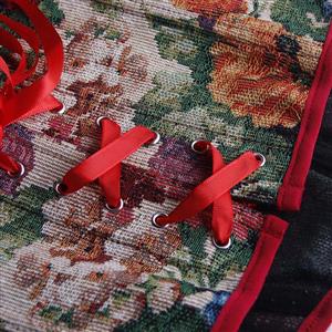 Vintage Floral Print Corset Top with Red Ruffle Straps & Back Lace-up N23930