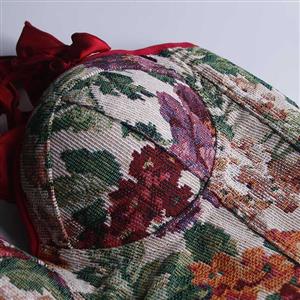 Vintage Floral Print Corset Top with Red Ruffle Straps & Back Lace-up N23930