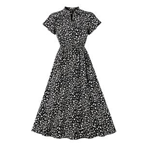 Vintage Floral Print Drawstring Collar Short Sleeve High Waist Rockabilly Party Midi Dress N22093