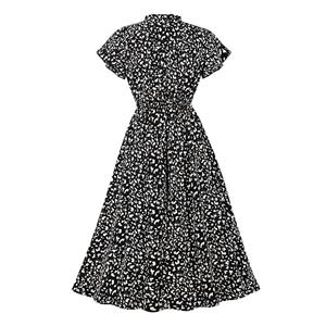 Vintage Floral Print Drawstring Collar Short Sleeve High Waist Rockabilly Party Midi Dress N22093