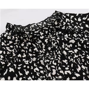 Vintage Floral Print Drawstring Collar Short Sleeve High Waist Rockabilly Party Midi Dress N22093