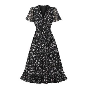 Vintage Floral Print Ruffle V Neckline Flare Sleeve Summer Rockabilly Party Midi Dress N22266