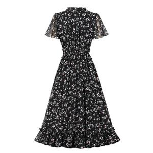 Vintage Floral Print Ruffle V Neckline Flare Sleeve Summer Rockabilly Party Midi Dress N22266