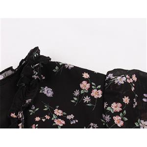 Vintage Floral Print Ruffle V Neckline Flare Sleeve Summer Rockabilly Party Midi Dress N22266