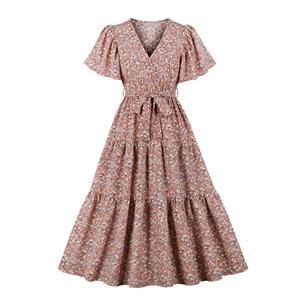 Vintage Floral Print Surplice Neckline Flare Sleeve Rockabilly Party Tiered Dress with Belt N22100