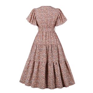 Vintage Floral Print Surplice Neckline Flare Sleeve Rockabilly Party Tiered Dress with Belt N22100