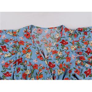Vintage Floral Print Surplice Neckline Flare Sleeve Rockabilly Party Tiered Dress with Belt N22101
