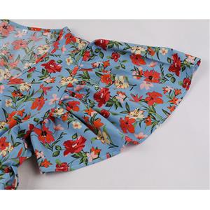 Vintage Floral Print Surplice Neckline Flare Sleeve Rockabilly Party Tiered Dress with Belt N22101