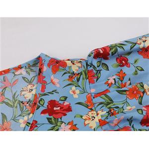 Vintage Floral Print Surplice Neckline Flare Sleeve Rockabilly Party Tiered Dress with Belt N22101