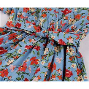 Vintage Floral Print Surplice Neckline Flare Sleeve Rockabilly Party Tiered Dress with Belt N22101
