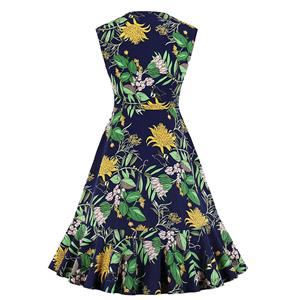 Vintage Floral Print V Neck Front Button Sleeveless High Waist Cocktail Party Swing Dress N20939