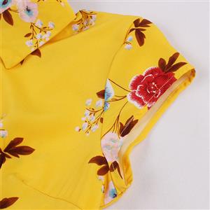 Vintage Floral Print Lapel Short Sleeve Button Bodice High Waist Office Lady Daily Midi Dress N22071