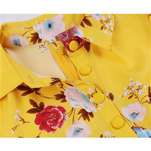 Vintage Floral Print Lapel Short Sleeve Button Bodice High Waist Office Lady Daily Midi Dress N22071