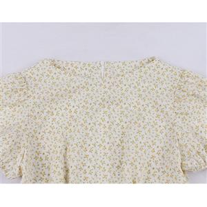 Vintage Floral Print Round Neckline Puff Sleeve High Waist Rockabilly Party A-line Dress N22105