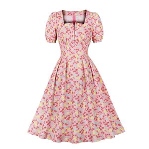 Vintage Floral Print Square Neckline Puff Sleeve Wide Waistline Summer Cocktail Midi Dress N22198