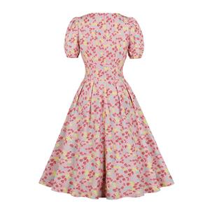 Vintage Floral Print Square Neckline Puff Sleeve Wide Waistline Summer Cocktail Midi Dress N22198