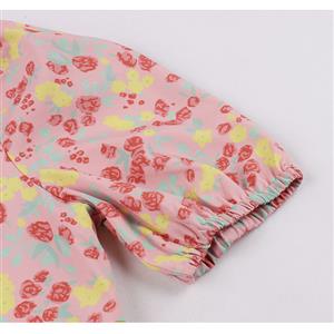 Vintage Floral Print Square Neckline Puff Sleeve Wide Waistline Summer Cocktail Midi Dress N22198