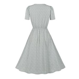 Retro Floral Print Round Neckline Short Sleeve High Waist Rockabilly Daily A-line Dress N22106