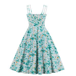 Vintage Floral Print Spaghetti Straps Sleeveless High Waist Summer Party Swing Slip Dress N20569