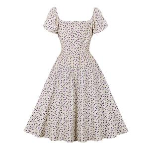 Vintage Floral Print Square Neckline Ruffle Lace-up Puff Sleeve Summer Swing Dress N22263