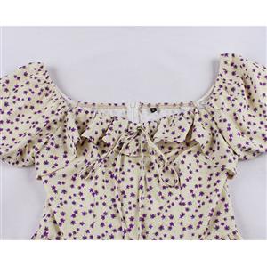 Vintage Floral Print Square Neckline Ruffle Lace-up Puff Sleeve Summer Swing Dress N22263