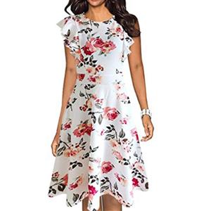 Vintage Floral Print Round Neck Flying Sleeves High Waist Summer Cocktail Swing Dress N21364