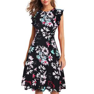 Vintage Black Floral Print Round Neck Flying Sleeves High Waist Cocktail Party Midi Dress N21365