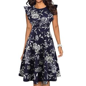 Vintage Floral Print Round Neck Flying Sleeves High Waist Cocktail Party Casual Midi Dress N21366