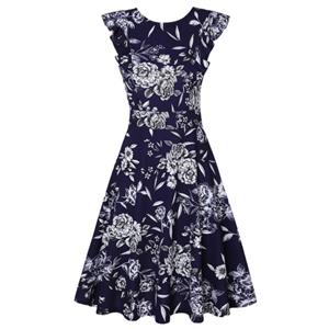 Vintage Floral Print Round Neck Flying Sleeves High Waist Cocktail Party Casual Midi Dress N21366