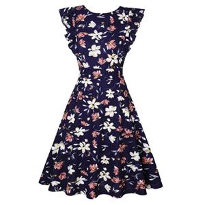 Vintage Floral Print Round Neck Flying Sleeves High Waist Cocktail Party Fashion Midi Dress N21367