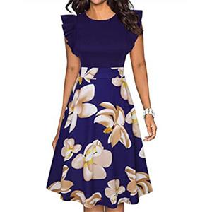 Vintage Floral Print Patchwork Round Neck Flying Sleeves High Waist Cocktail Party Midi Dress N21380
