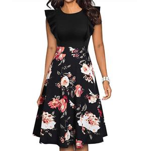 Vintage Black Floral Print Patchwork Round Neck Flying Sleeves High Waist Cocktail Midi Dress N21382