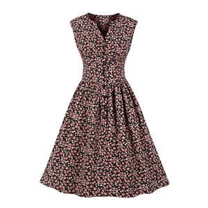 Vintage Floral Print V Neckline Front Button Sleeveless High Waist Cocktail Swing Dress N22097