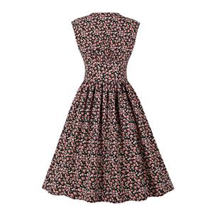 Vintage Floral Print V Neckline Front Button Sleeveless High Waist Cocktail Swing Dress N22097