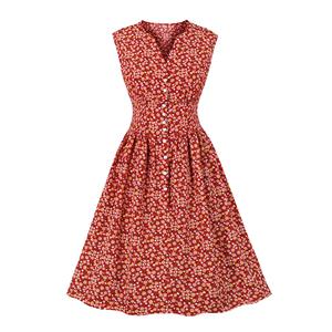 Vintage Floral Print V Neckline Front Button Sleeveless High Waist Cocktail Swing Dress N22098