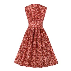 Vintage Floral Print V Neckline Front Button Sleeveless High Waist Cocktail Swing Dress N22098
