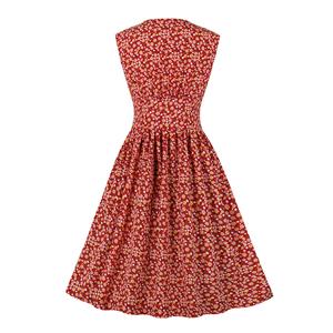 Vintage Floral Print V Neckline Front Button Sleeveless High Waist Cocktail Swing Dress N22098