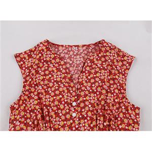 Vintage Floral Print V Neckline Front Button Sleeveless High Waist Cocktail Swing Dress N22098